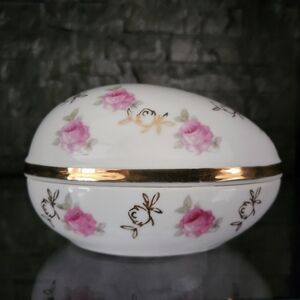 Vintage Norleans Porcelain Easter Egg Trinket Box W/ Pink Floral and Gold Trim